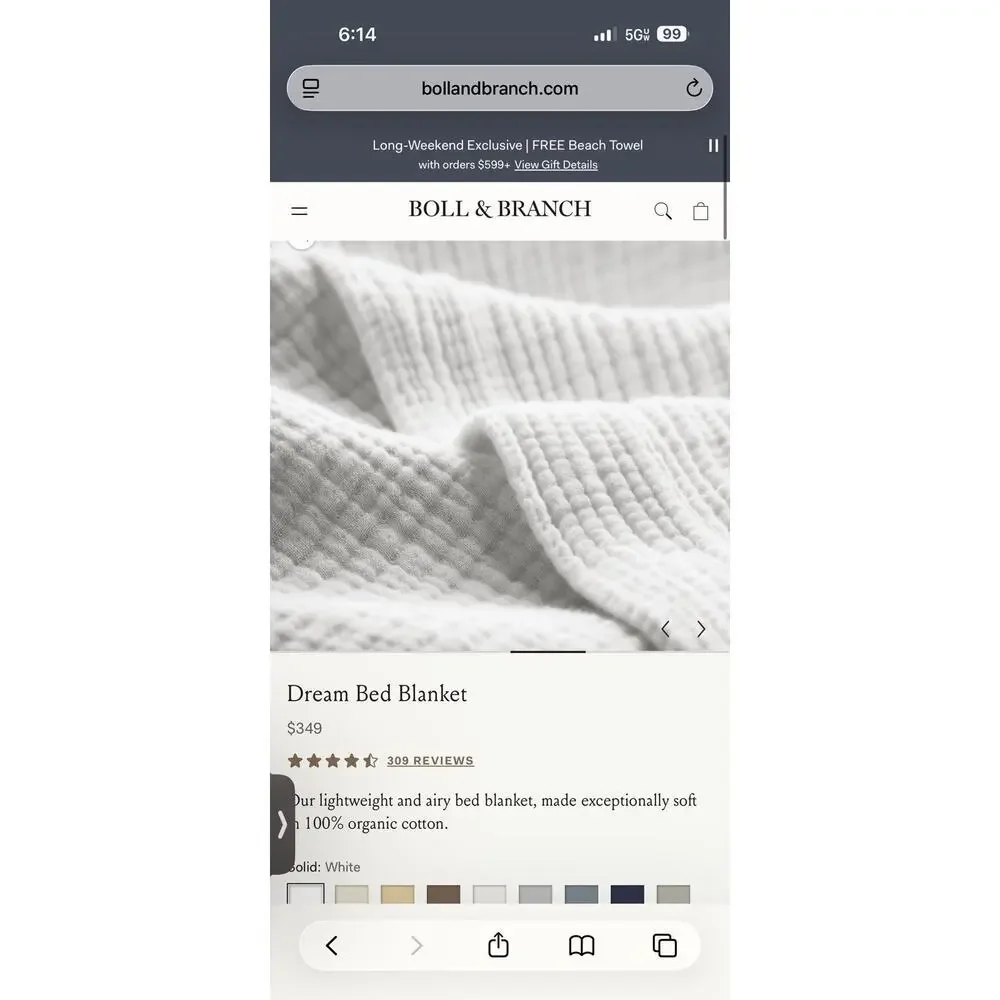 Boll & Branch Dream Bed Blanket Organic Cotton white king/cal king NEW $369